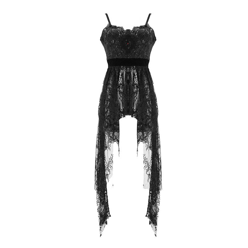 Black Gothic Lace Sleeveless Short Irregular Dress / Women's Black Dress With Red Beading - image 3
