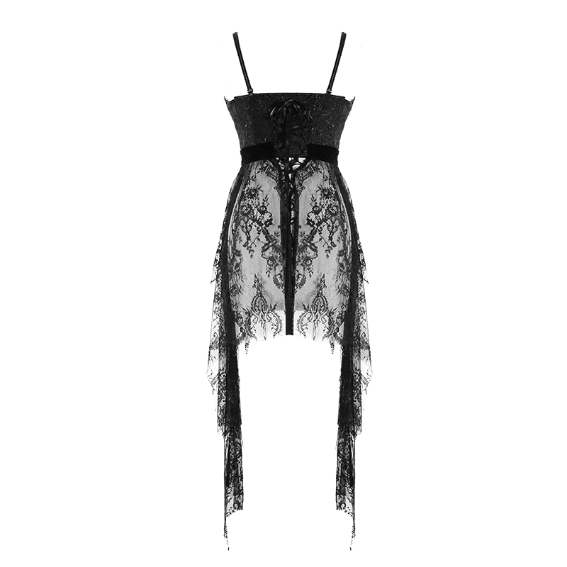 Black Gothic Lace Sleeveless Short Irregular Dress / Women's Black Dress With Red Beading - image 5