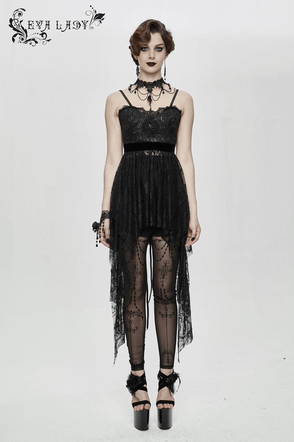 Black Gothic Lace Sleeveless Short Irregular Dress / Women's Black Dress With Red Beading - image 16