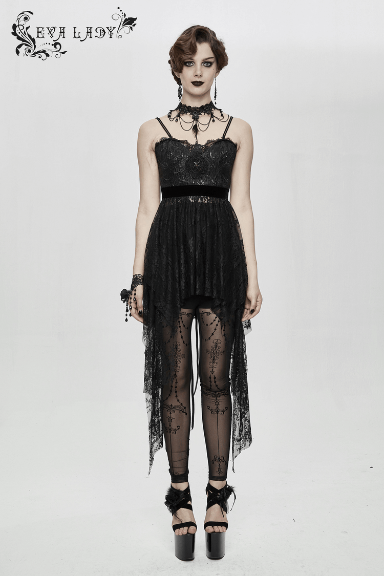 Black Gothic Lace Sleeveless Short Irregular Dress / Women's Black Dress With Red Beading - image 16