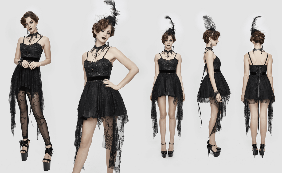Black Gothic Lace Sleeveless Short Irregular Dress / Women's Black Dress With Red Beading - image 18