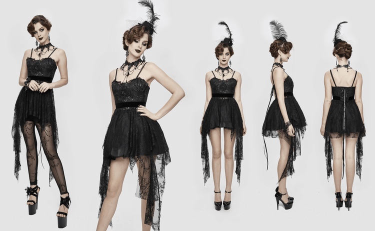 Black Gothic Lace Sleeveless Short Irregular Dress / Women's Black Dress With Red Beading - image 18