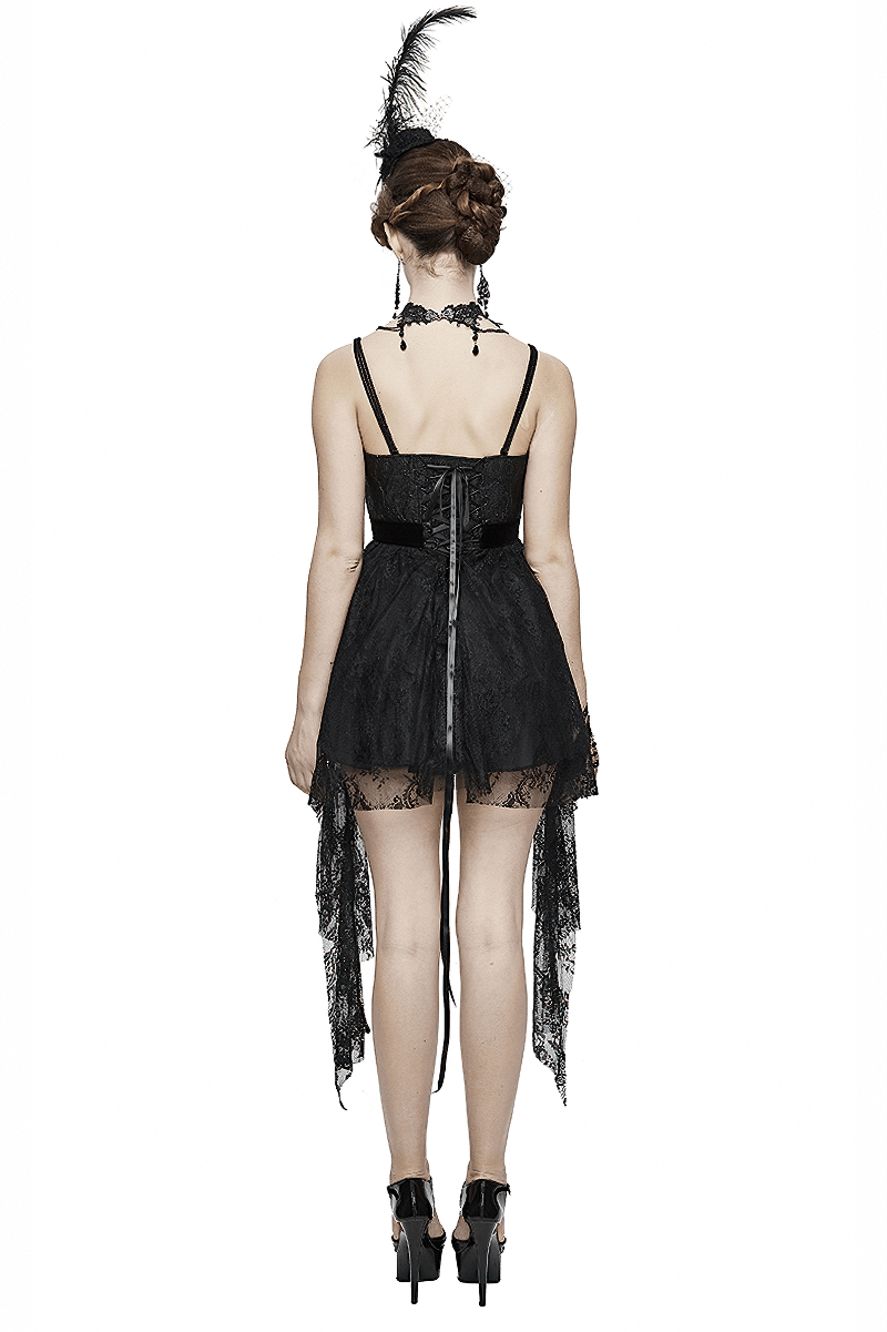 Black Gothic Lace Sleeveless Short Irregular Dress / Women's Black Dress With Red Beading - image 2