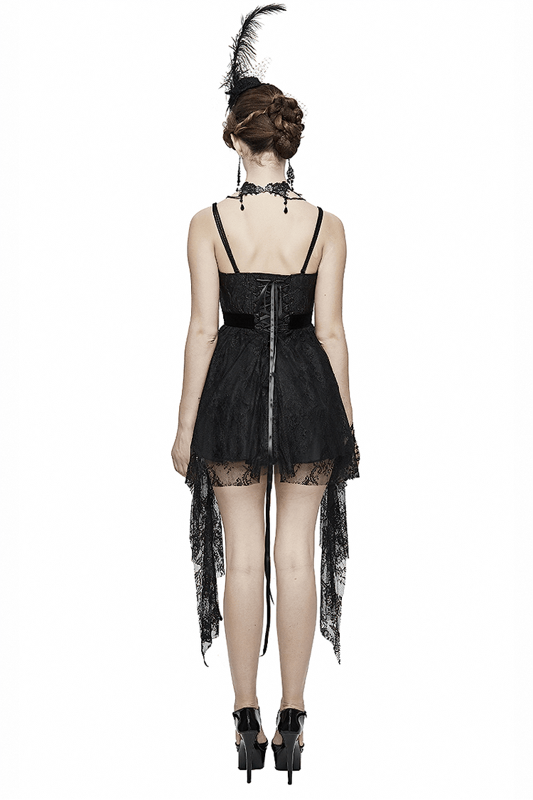 Black Gothic Lace Sleeveless Short Irregular Dress / Women's Black Dress With Red Beading - image 2