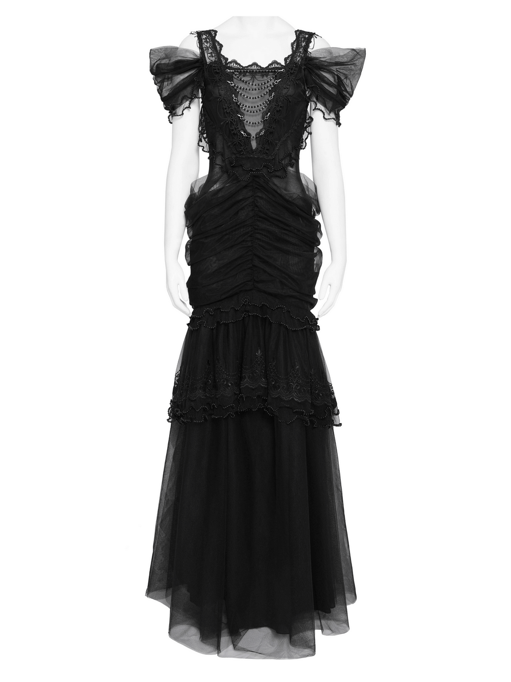 Black Gothic Lace-Up Dress with Ruffled Tulle and Roses - image 4