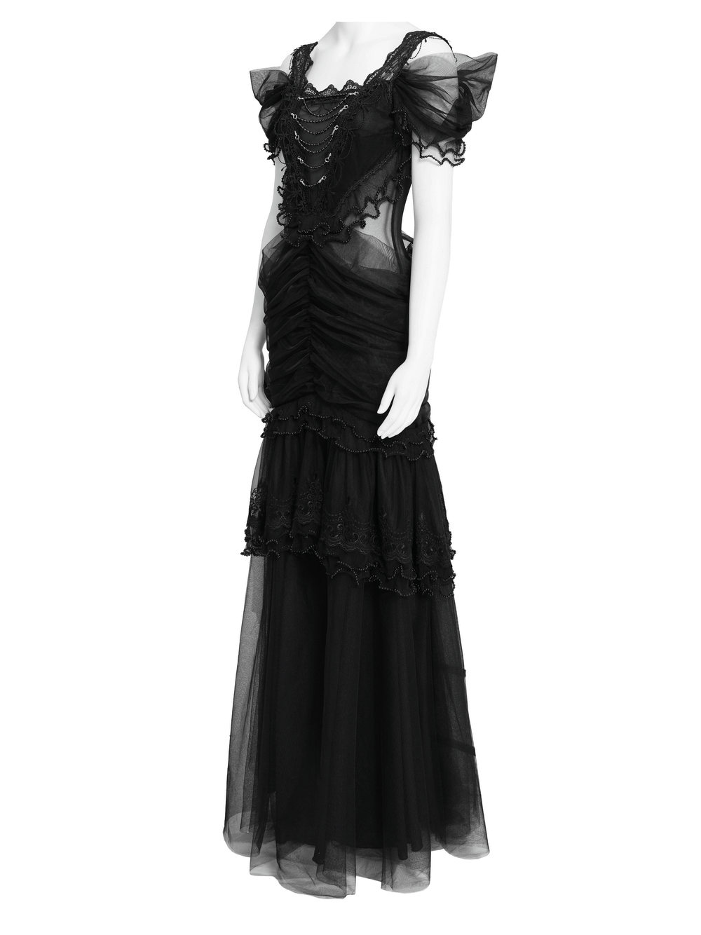 Black Gothic Lace-Up Dress with Ruffled Tulle and Roses - image 5