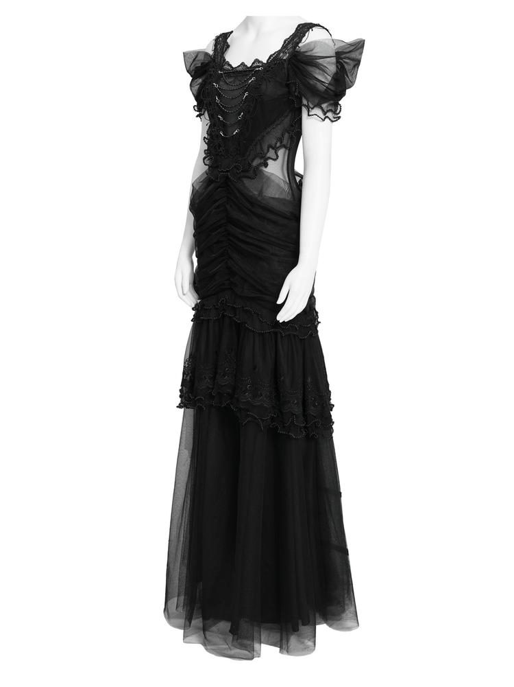 Black Gothic Lace-Up Dress with Ruffled Tulle and Roses - image 5