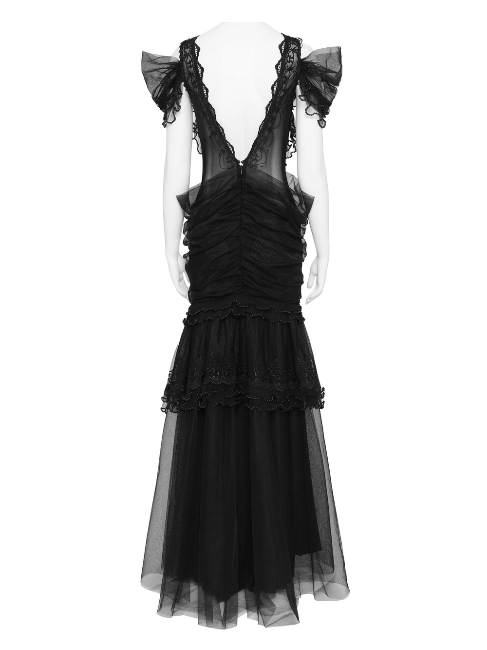 Black Gothic Lace-Up Dress with Ruffled Tulle and Roses - image 6