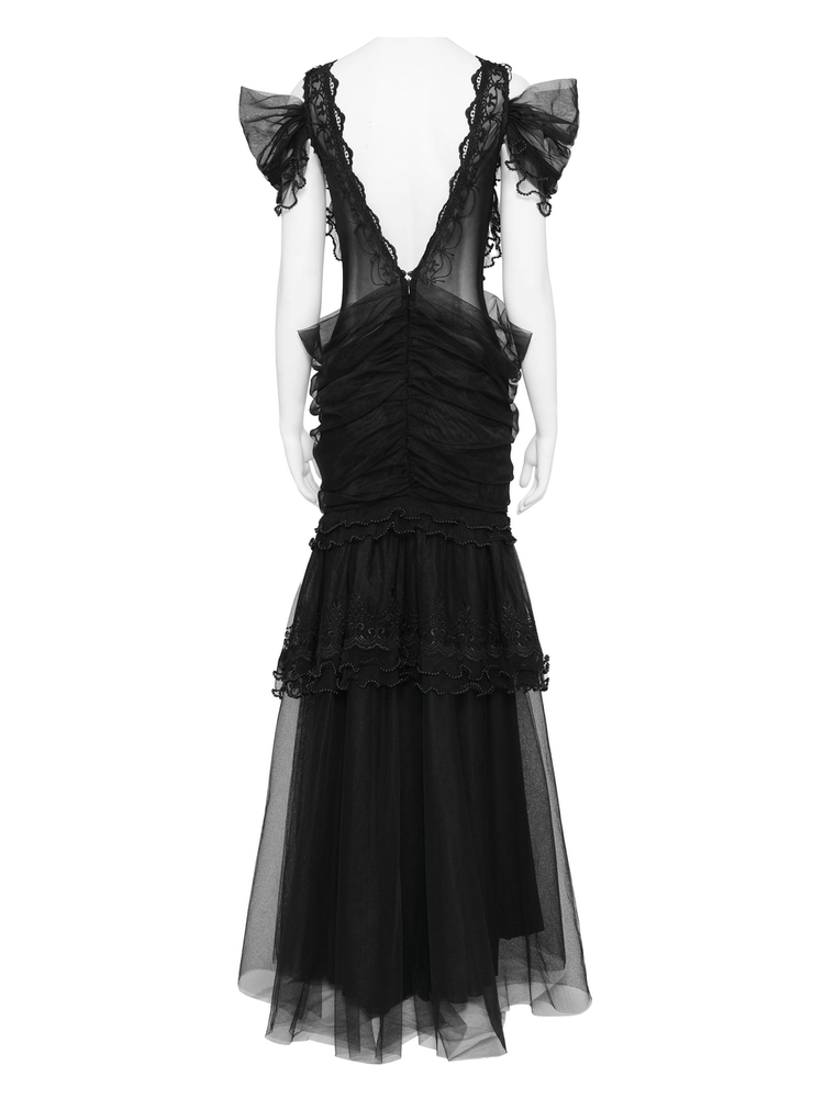 Black Gothic Lace-Up Dress with Ruffled Tulle and Roses - image 6