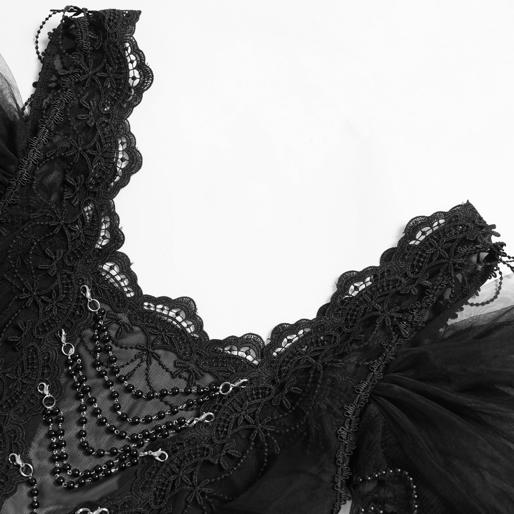 Black Gothic Lace-Up Dress with Ruffled Tulle and Roses - image 9