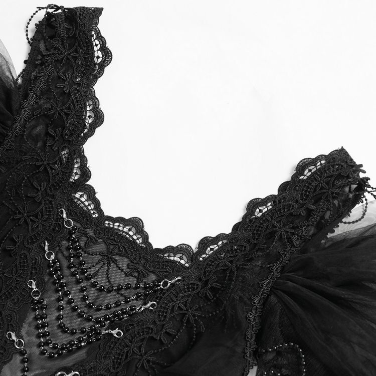 Black Gothic Lace-Up Dress with Ruffled Tulle and Roses - image 9