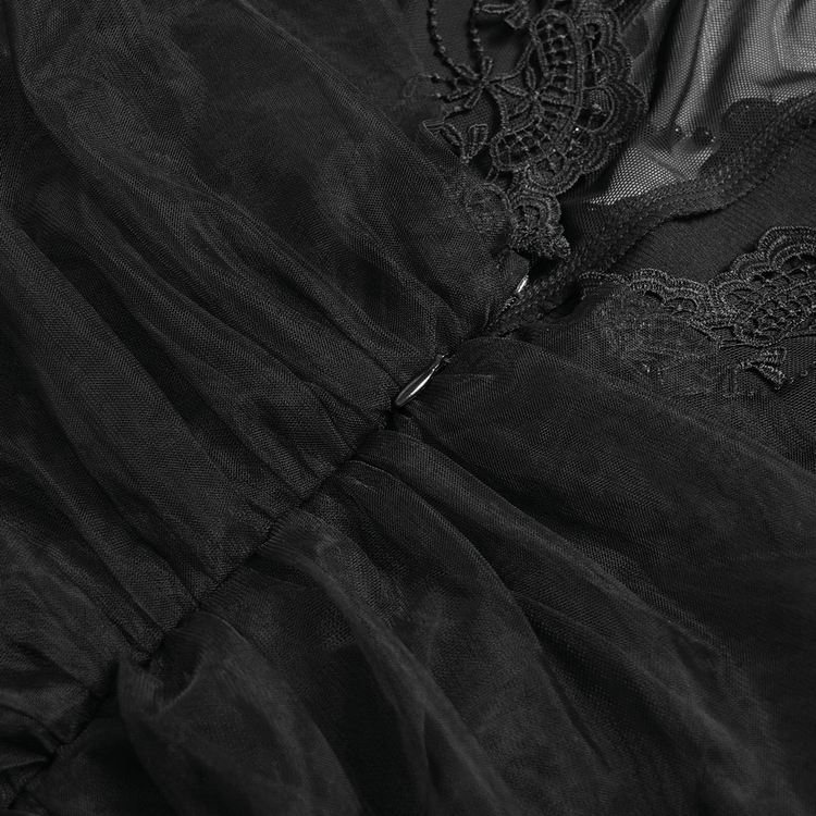 Black Gothic Lace-Up Dress with Ruffled Tulle and Roses - image 13