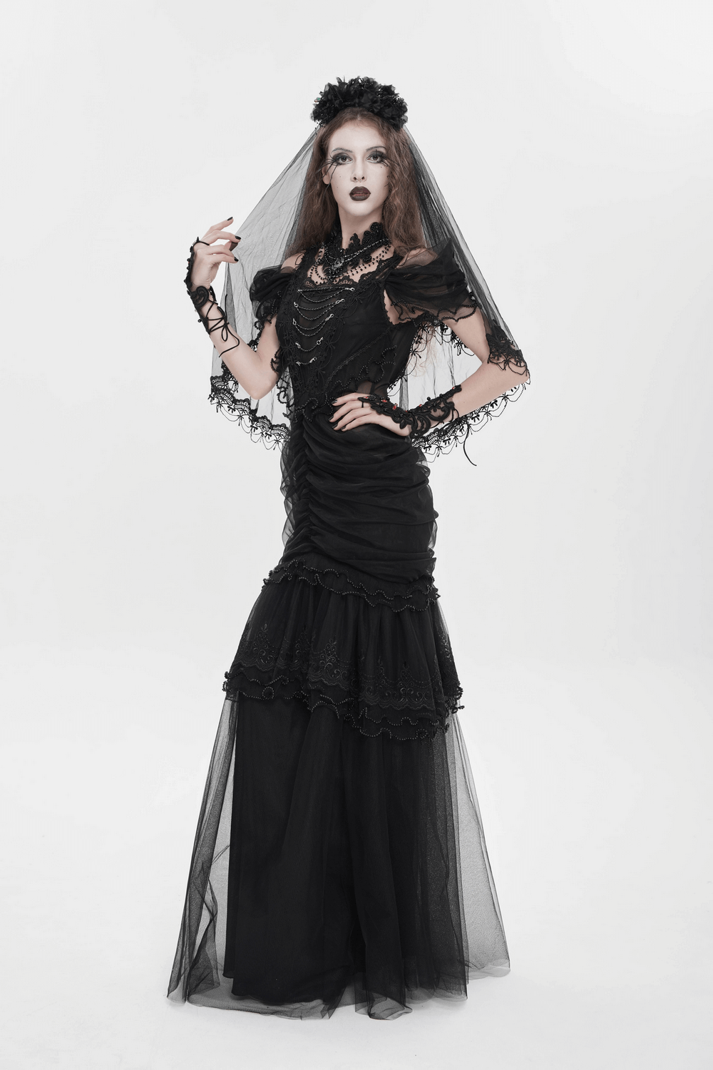 Black Gothic Lace-Up Dress with Ruffled Tulle and Roses - image 16