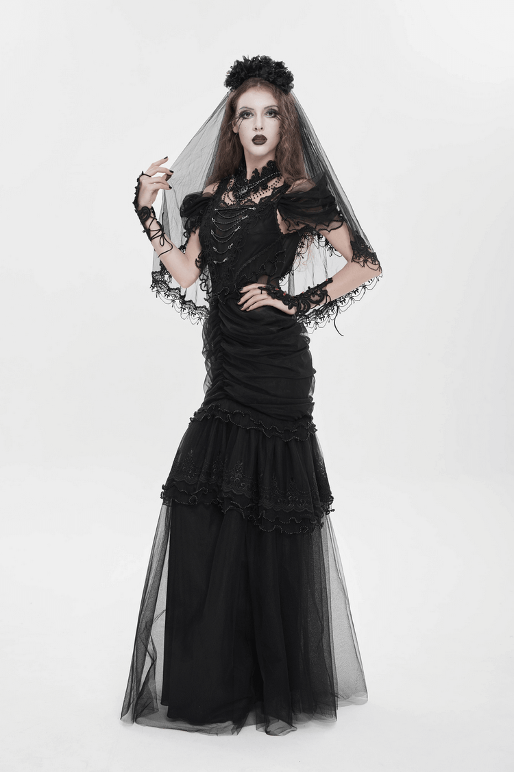 Black Gothic Lace-Up Dress with Ruffled Tulle and Roses - image 16