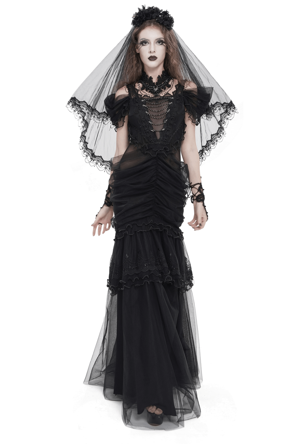 Black Gothic Lace-Up Dress with Ruffled Tulle and Roses - image 1