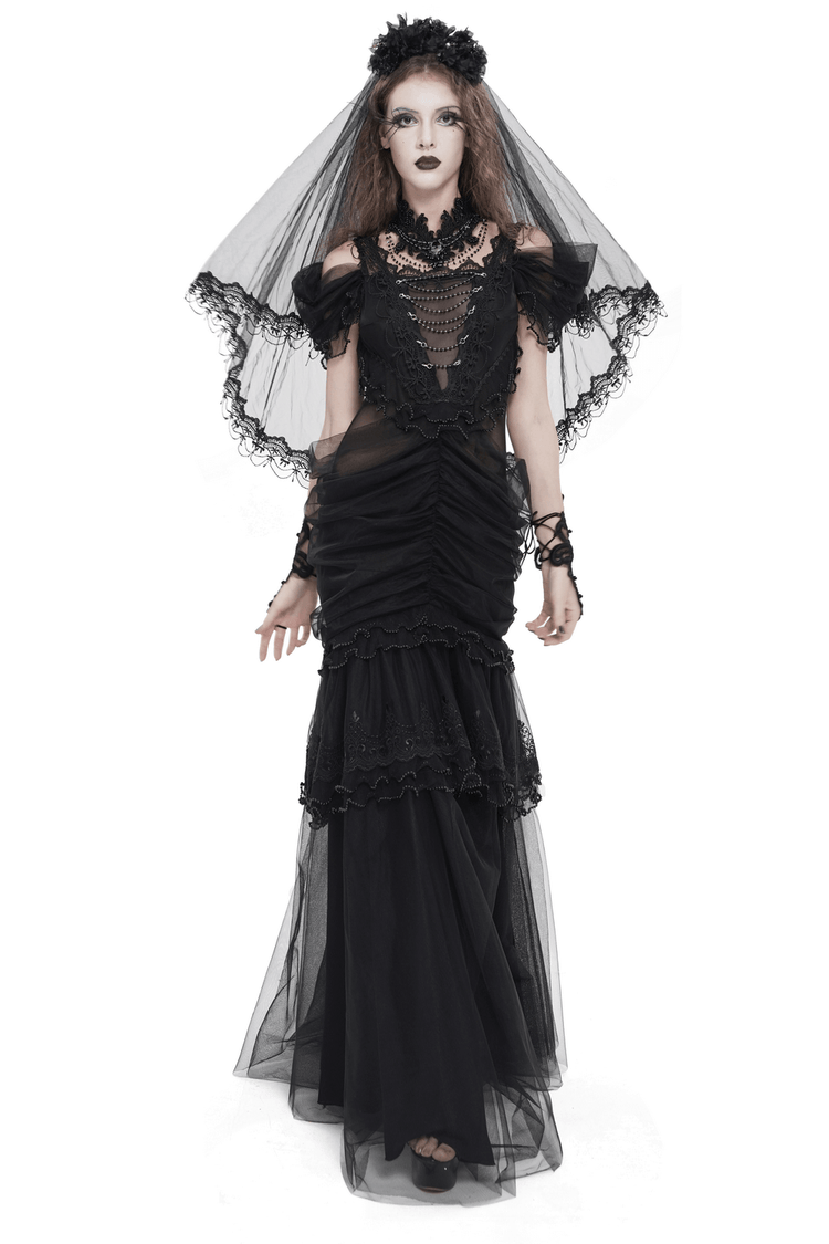 Black Gothic Lace-Up Dress with Ruffled Tulle and Roses - image 1