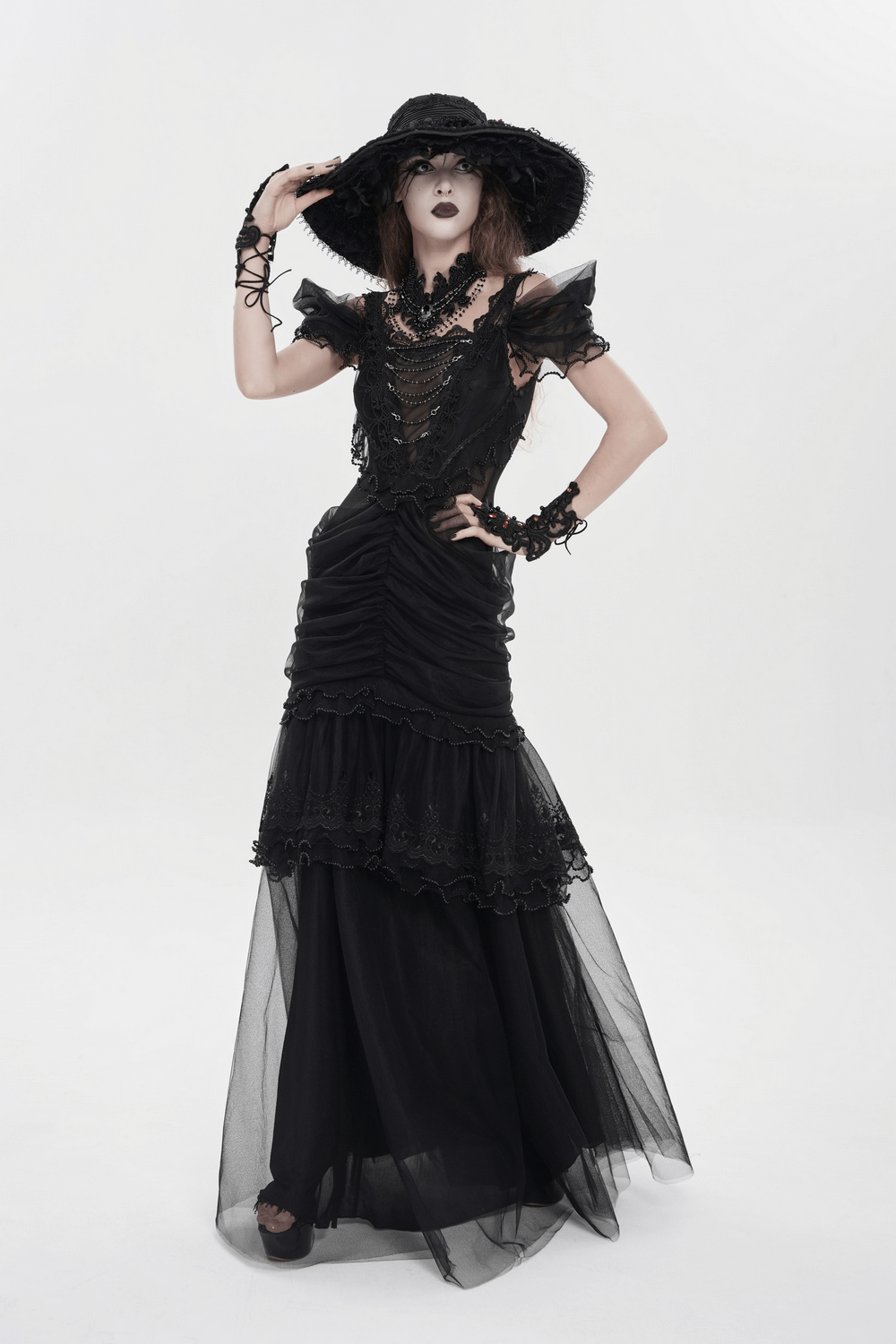 Black Gothic Lace-Up Dress with Ruffled Tulle and Roses - image 17
