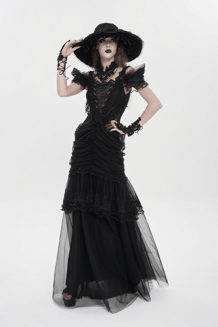Black Gothic Lace-Up Dress with Ruffled Tulle and Roses - image 17