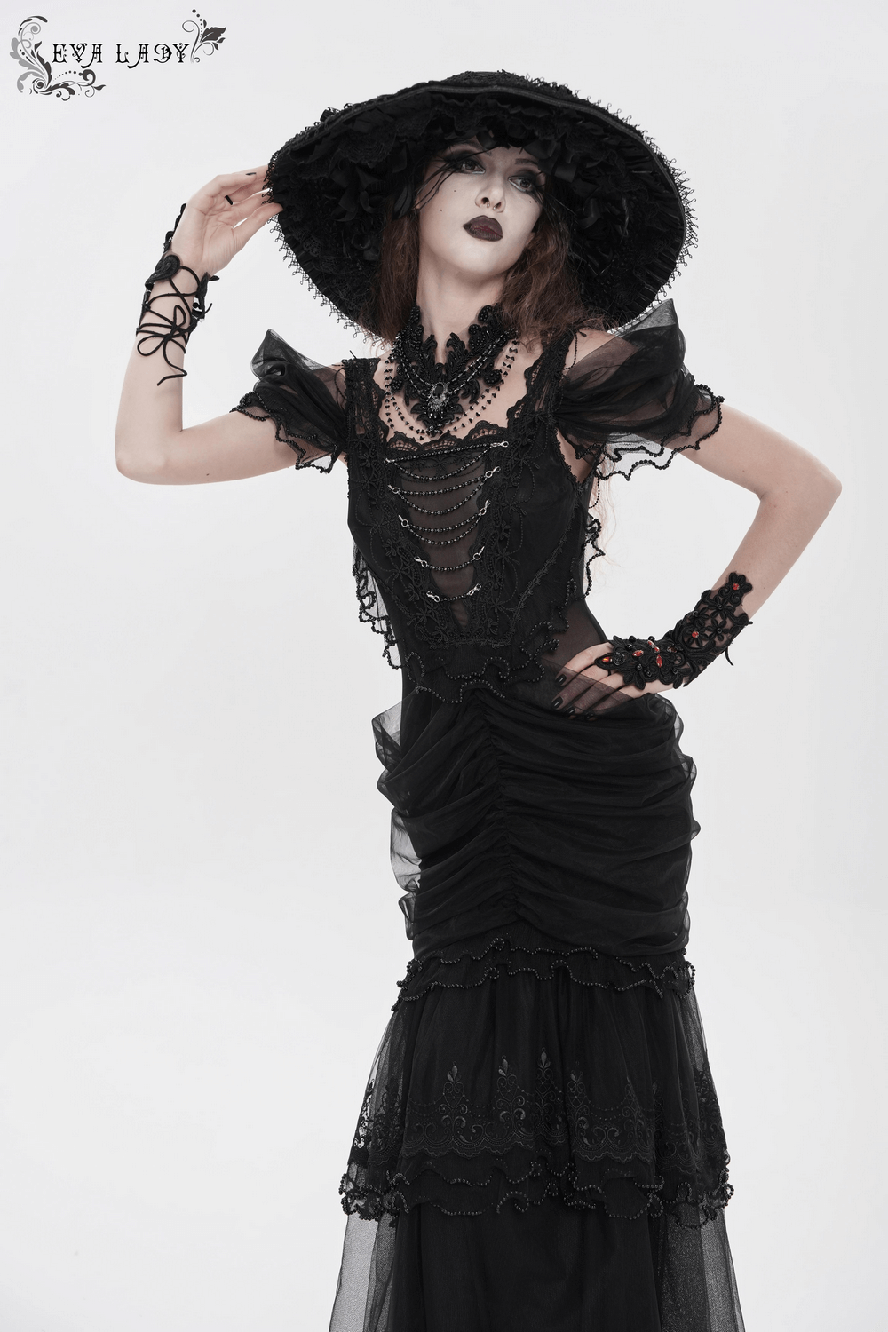Black Gothic Lace-Up Dress with Ruffled Tulle and Roses - image 18