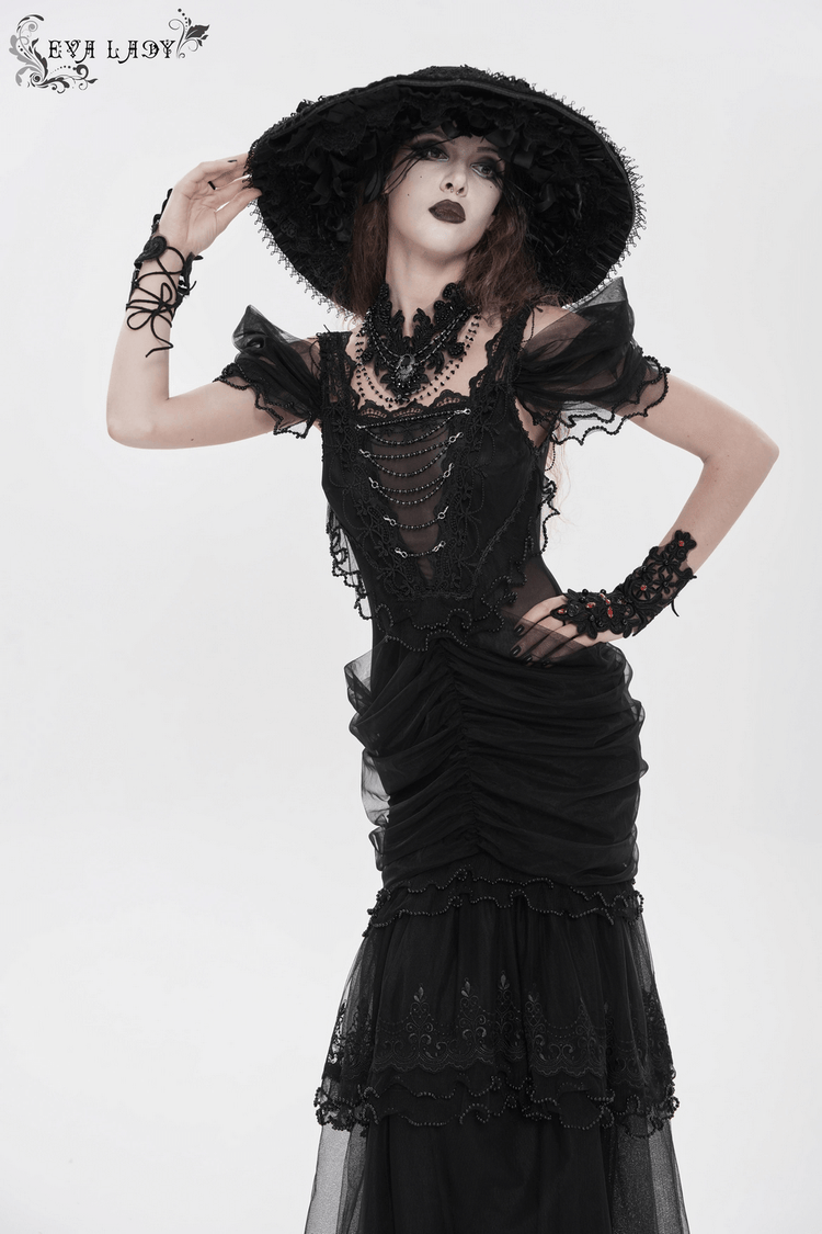 Black Gothic Lace-Up Dress with Ruffled Tulle and Roses - image 18