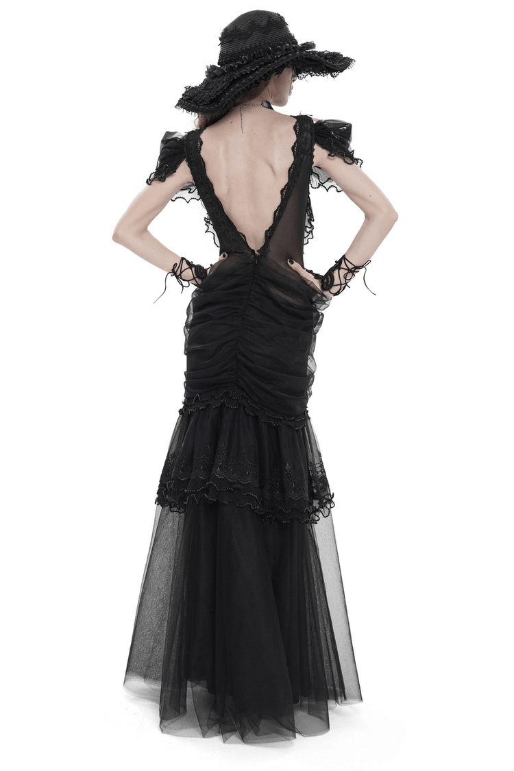 Black Gothic Lace-Up Dress with Ruffled Tulle and Roses - image 2