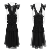 Black Gothic Lace-Up Dress with Ruffled Tulle and Roses - image 3