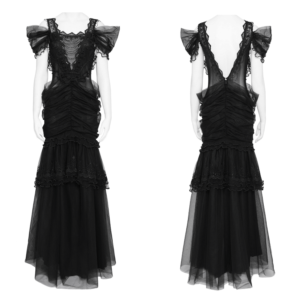 Black Gothic Lace-Up Dress with Ruffled Tulle and Roses - image 3
