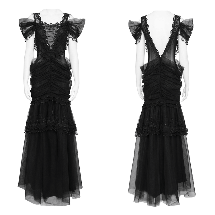 Black Gothic Lace-Up Dress with Ruffled Tulle and Roses - image 3
