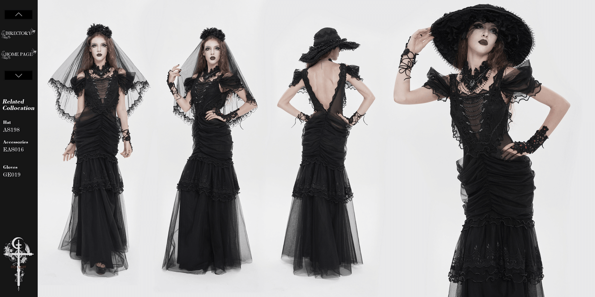 Black Gothic Lace-Up Dress with Ruffled Tulle and Roses - image 19