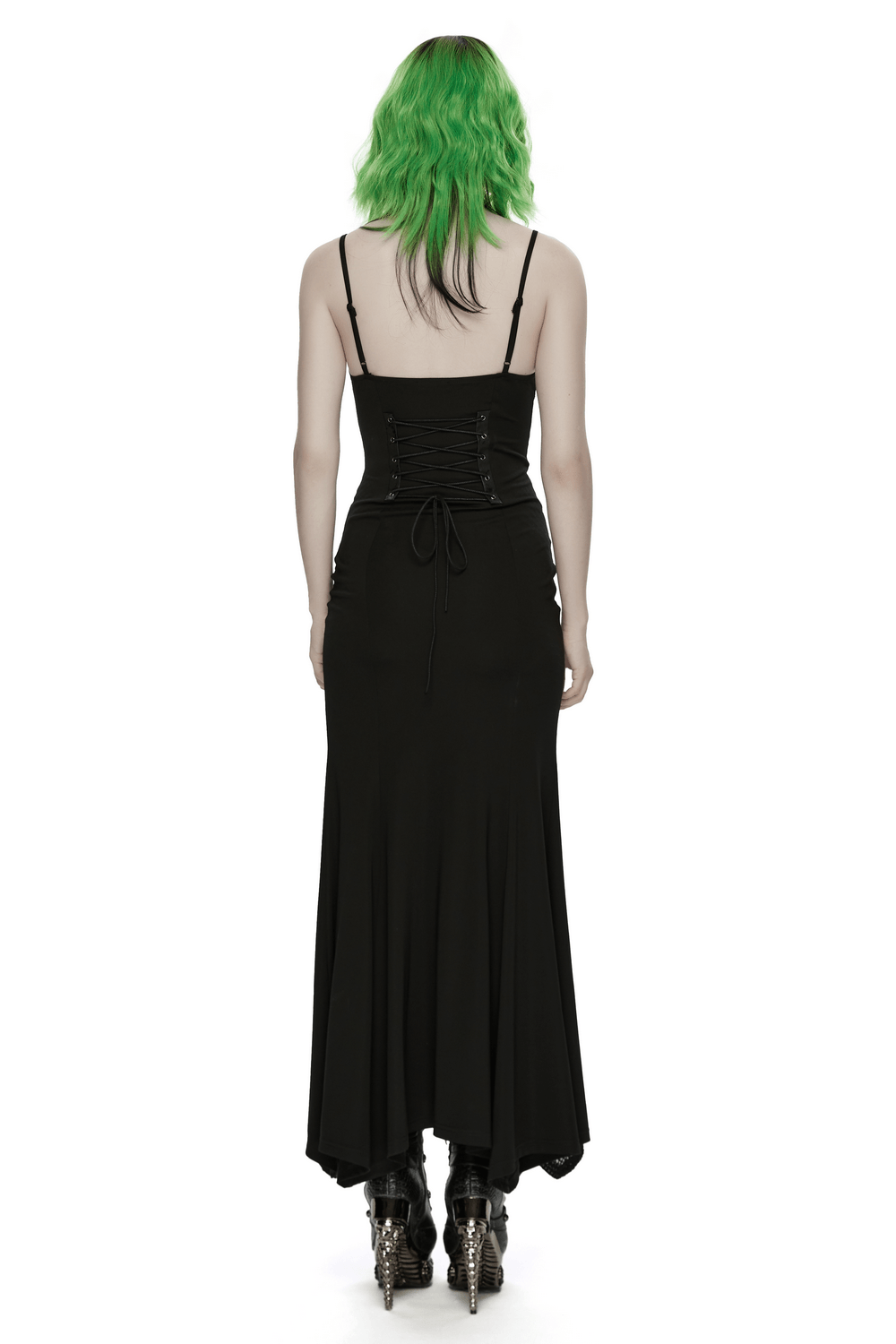 Black Gothic Lace-Up Mermaid Fishnet Maxi Dress - image 2