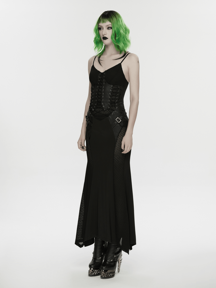 Black Gothic Lace-Up Mermaid Fishnet Maxi Dress - image 11