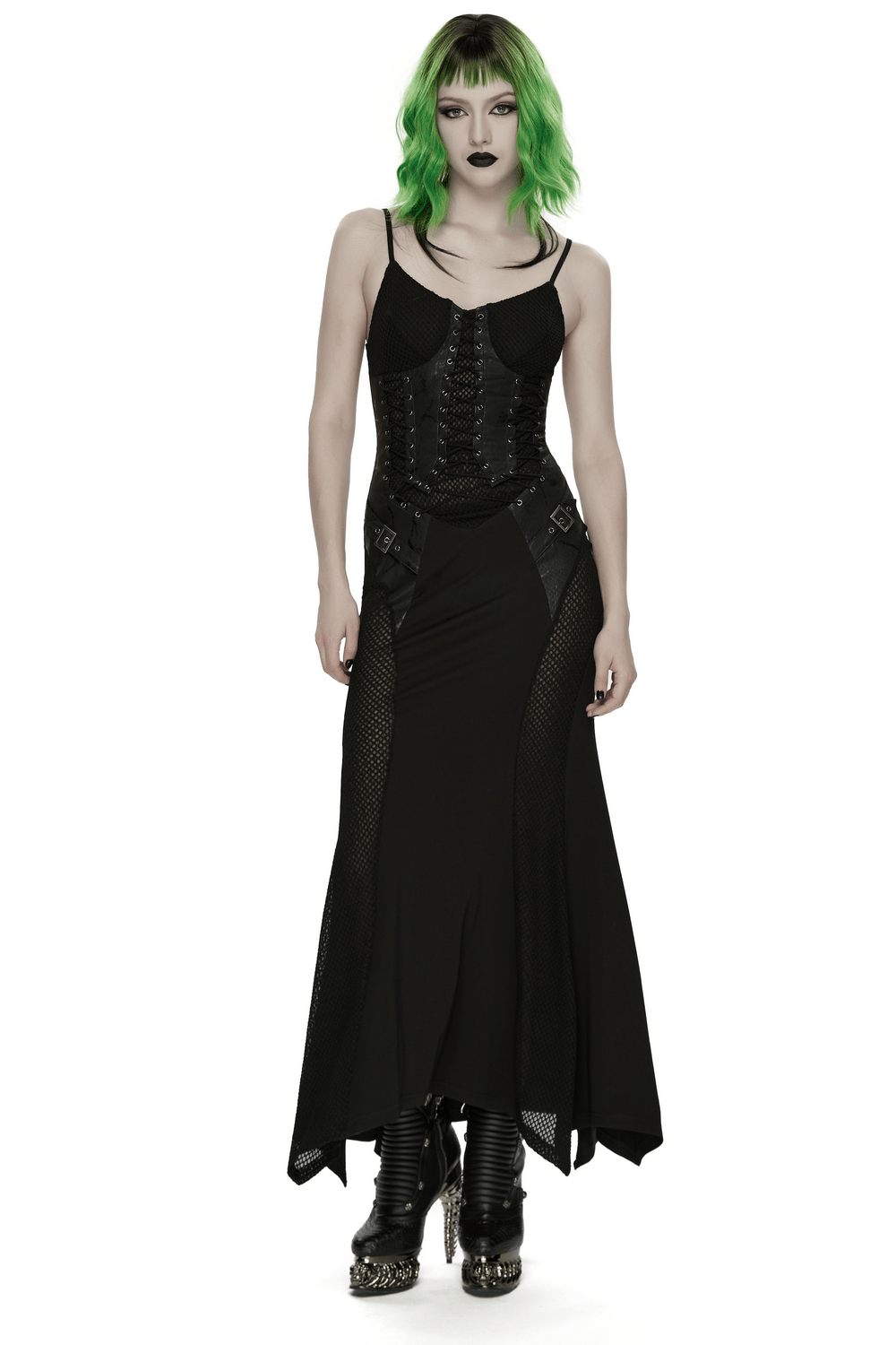 Black Gothic Lace-Up Mermaid Fishnet Maxi Dress - image 1