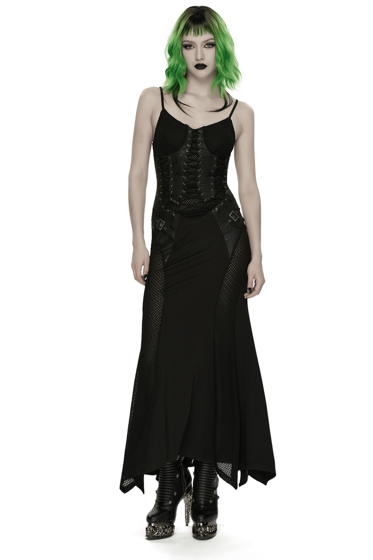 Black Gothic Lace-Up Mermaid Fishnet Maxi Dress - image 1