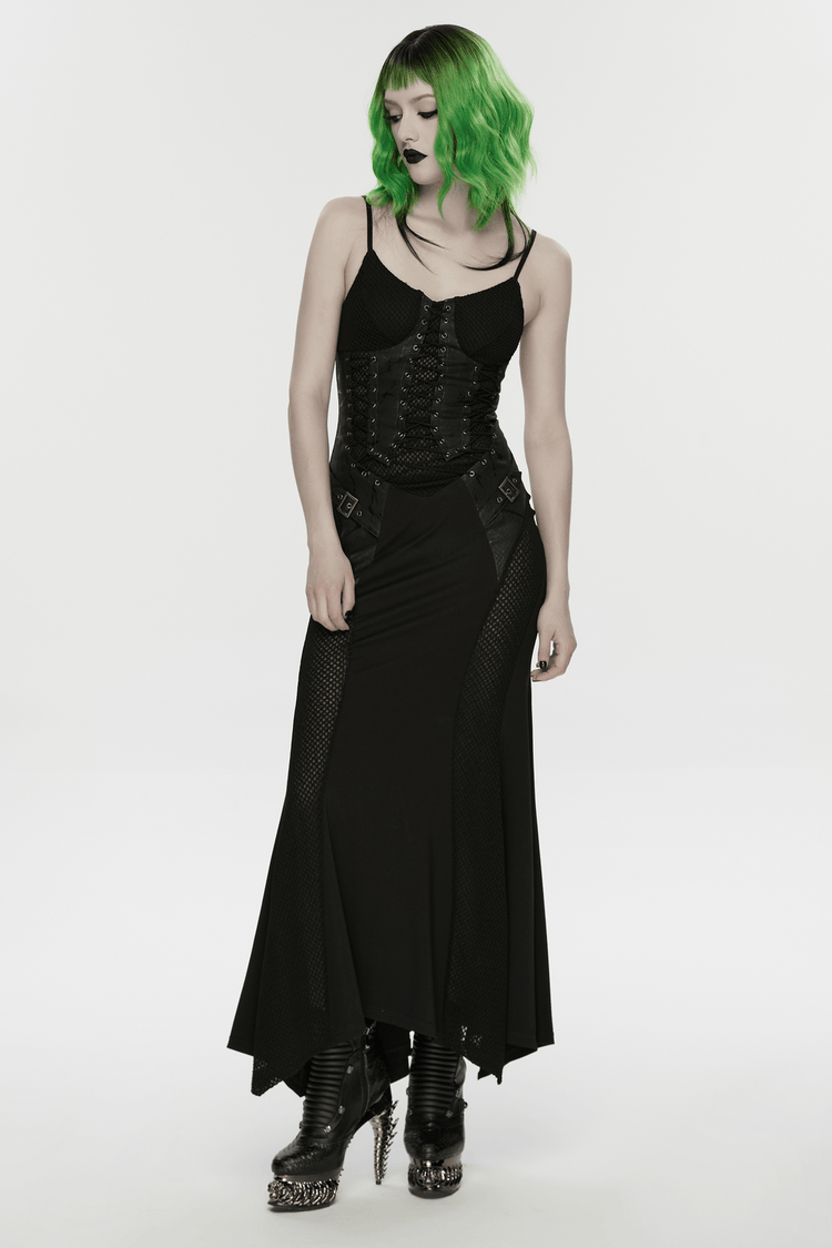 Black Gothic Lace-Up Mermaid Fishnet Maxi Dress - image 13