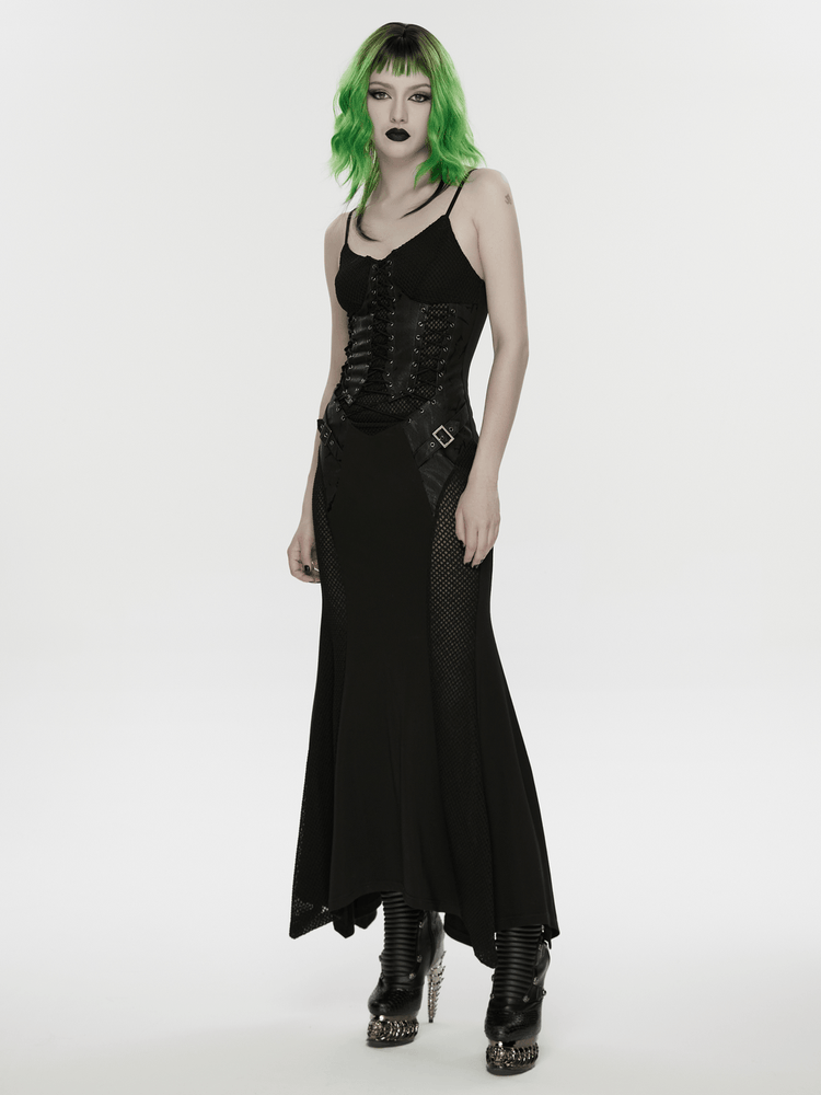 Black Gothic Lace-Up Mermaid Fishnet Maxi Dress - image 12