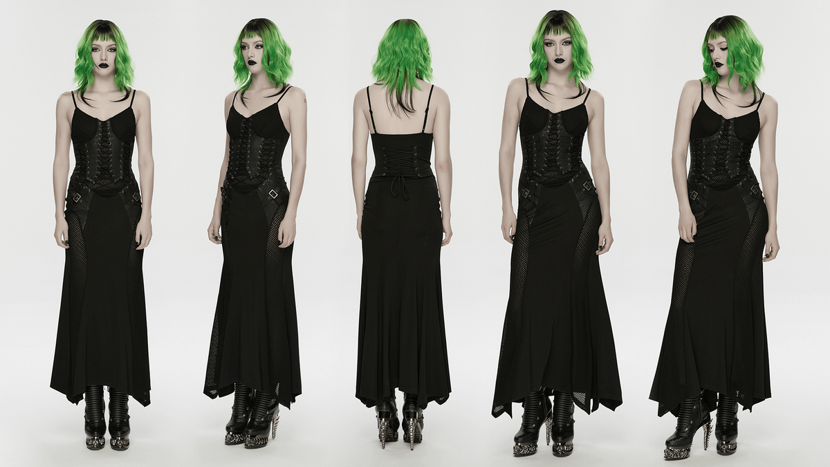Black Gothic Lace-Up Mermaid Fishnet Maxi Dress - image 14