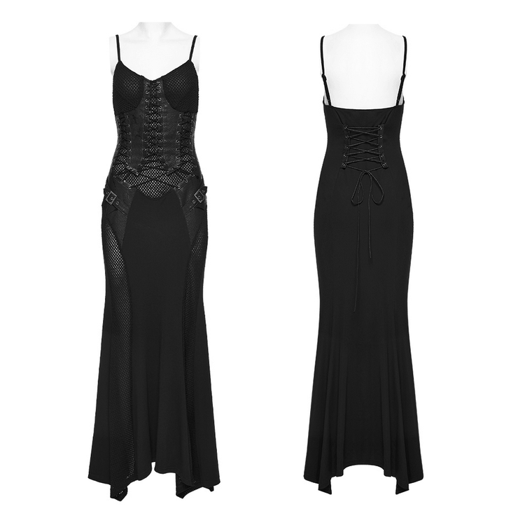 Black Gothic Lace-Up Mermaid Fishnet Maxi Dress - image 3