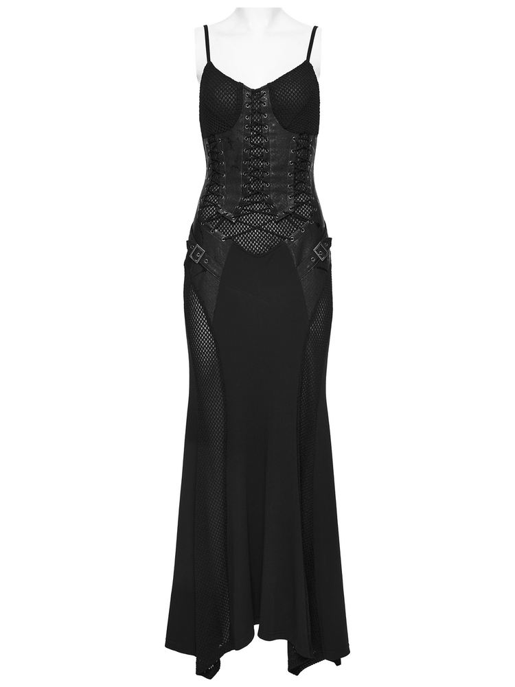 Black Gothic Lace-Up Mermaid Fishnet Maxi Dress - image 6