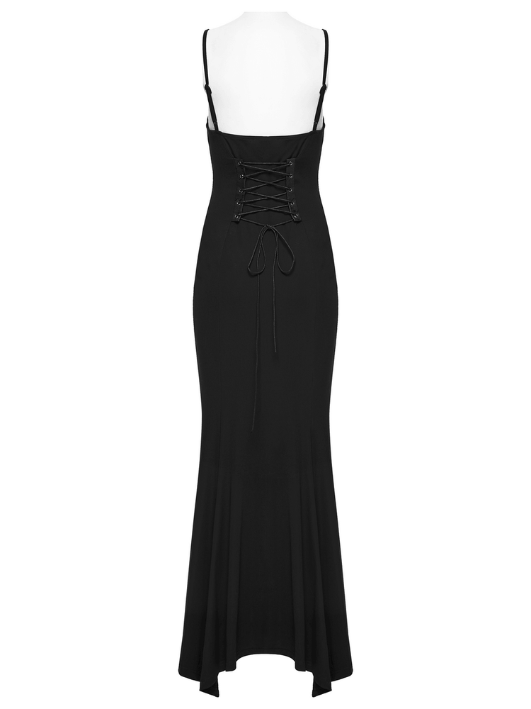 Black Gothic Lace-Up Mermaid Fishnet Maxi Dress - image 5