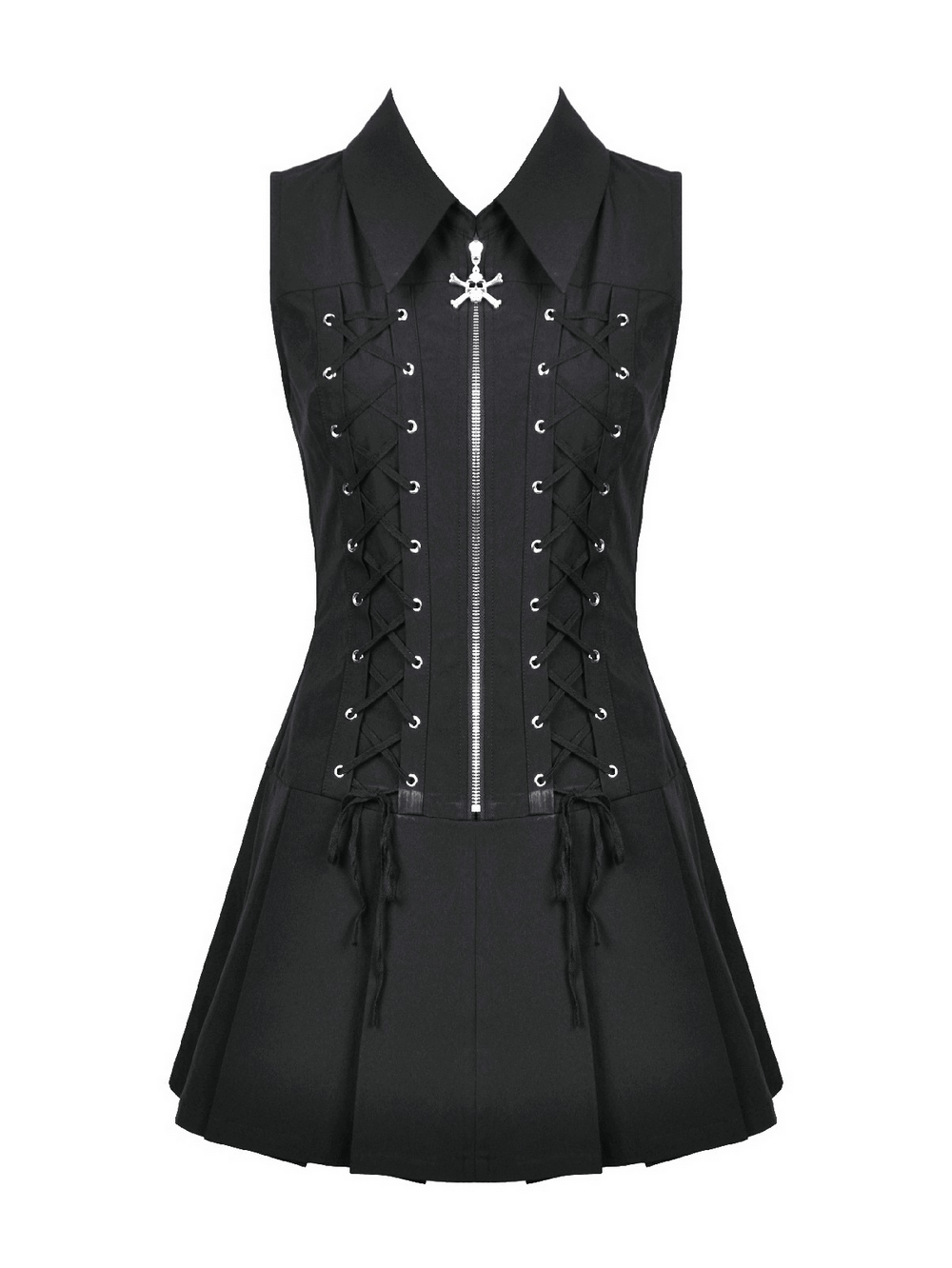Black Gothic Lace Up Zip Front Pleated Mini Dress - image 4