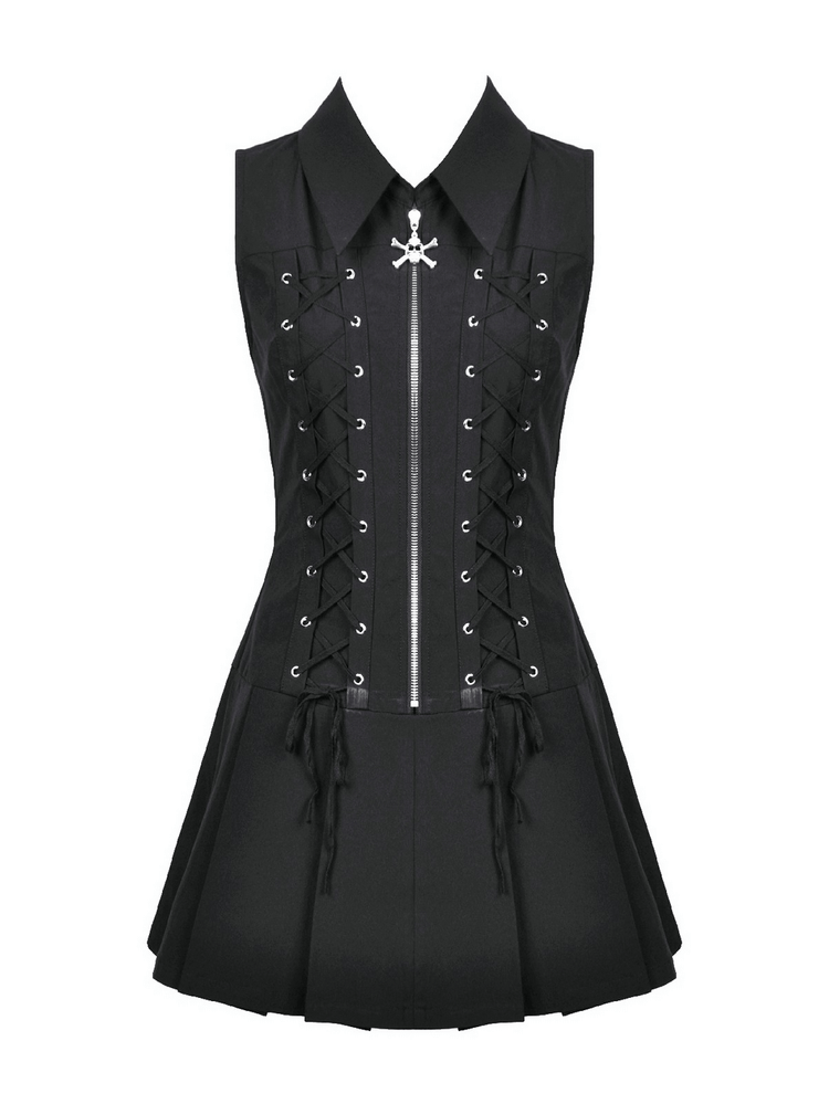 Black Gothic Lace Up Zip Front Pleated Mini Dress - image 4