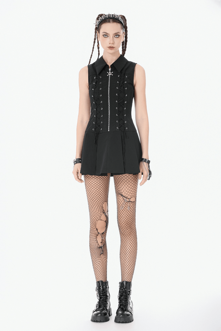 Black Gothic Lace Up Zip Front Pleated Mini Dress - image 11