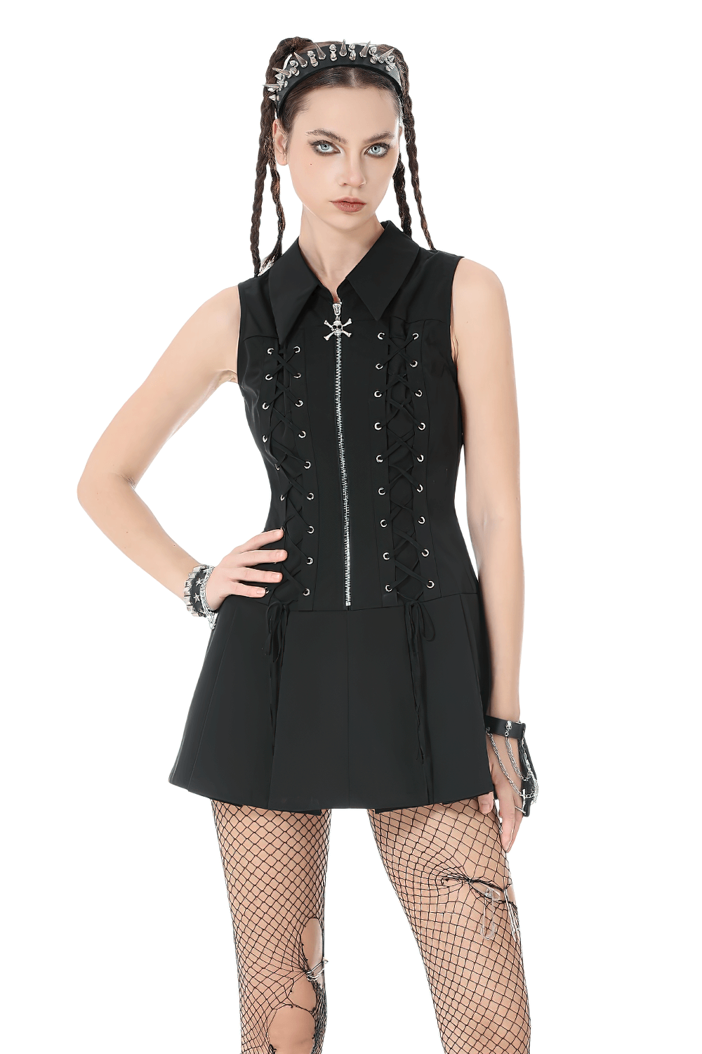 Black Gothic Lace Up Zip Front Pleated Mini Dress - image 1