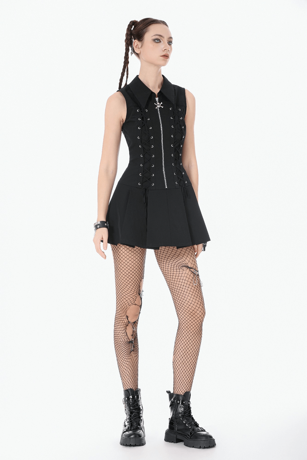 Black Gothic Lace Up Zip Front Pleated Mini Dress - image 13
