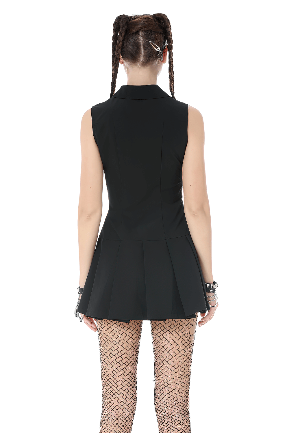 Black Gothic Lace Up Zip Front Pleated Mini Dress - image 2