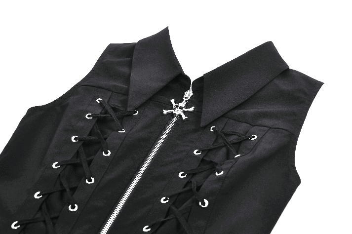 Black Gothic Lace Up Zip Front Pleated Mini Dress - image 6