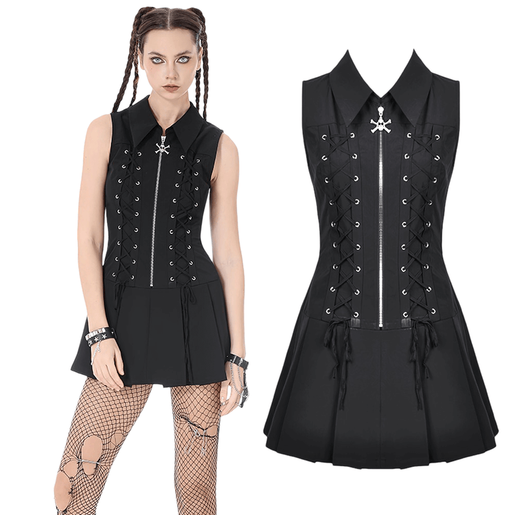 Black Gothic Lace Up Zip Front Pleated Mini Dress - image 3