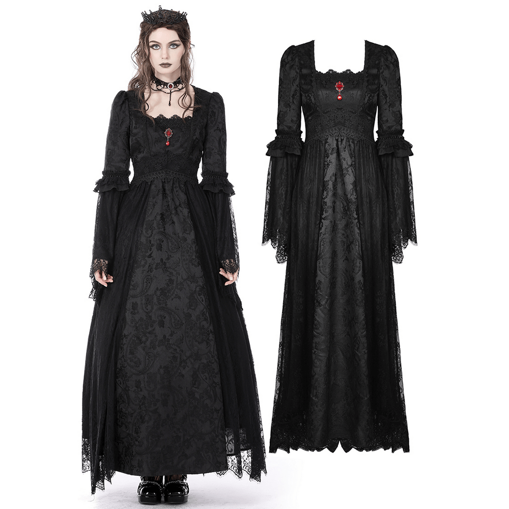 Black Gothic Long Sleeves Lace Maxi Dress with Red Brooch - image 3