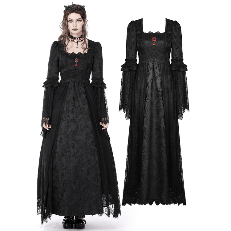 Black Gothic Long Sleeves Lace Maxi Dress with Red Brooch - image 3