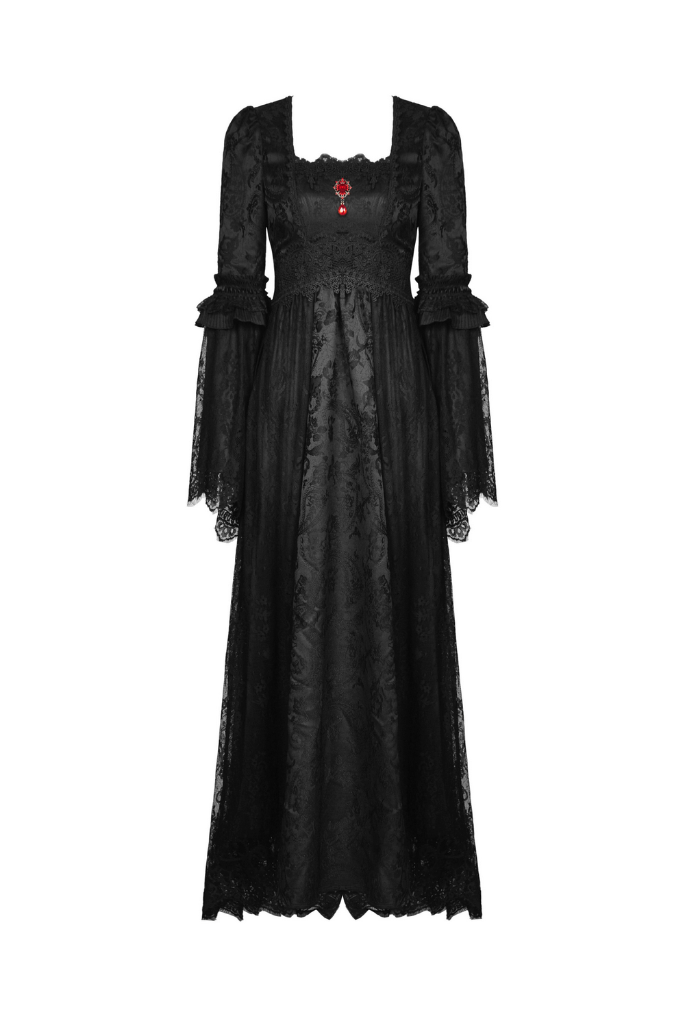 Black Gothic Long Sleeves Lace Maxi Dress with Red Brooch - image 4